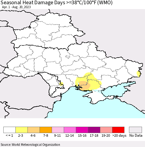 Ukraine, Moldova and Belarus Seasonal Heat Damage Days >=38°C/100°F (WMO) Thematic Map For 4/1/2023 - 8/20/2023