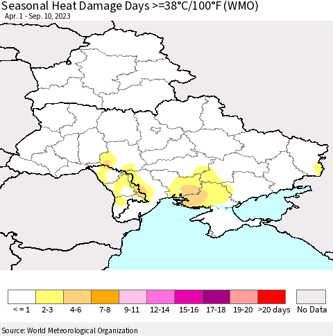 Ukraine, Moldova and Belarus Seasonal Heat Damage Days >=38°C/100°F (WMO) Thematic Map For 4/1/2023 - 9/10/2023