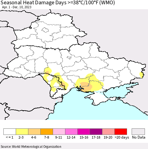 Ukraine, Moldova and Belarus Seasonal Heat Damage Days >=38°C/100°F (WMO) Thematic Map For 4/1/2023 - 12/10/2023