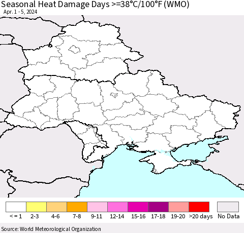 Ukraine, Moldova and Belarus Seasonal Heat Damage Days >=38°C/100°F (WMO) Thematic Map For 4/1/2024 - 4/5/2024