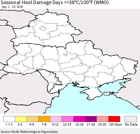 Ukraine, Moldova and Belarus Seasonal Heat Damage Days >=38°C/100°F (WMO) Thematic Map For 4/1/2024 - 4/10/2024