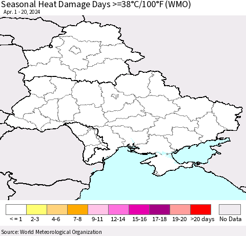 Ukraine, Moldova and Belarus Seasonal Heat Damage Days >=38°C/100°F (WMO) Thematic Map For 4/1/2024 - 4/20/2024