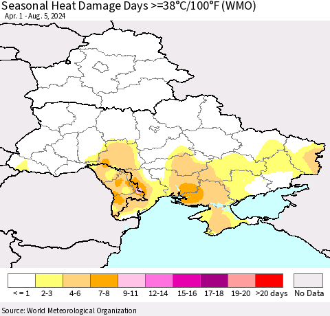 Ukraine, Moldova and Belarus Seasonal Heat Damage Days >=38°C/100°F (WMO) Thematic Map For 4/1/2024 - 8/5/2024