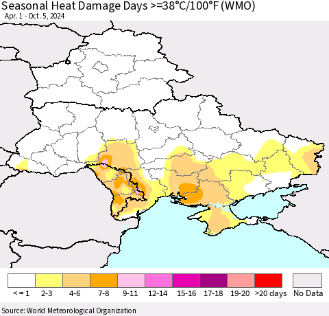 Ukraine, Moldova and Belarus Seasonal Heat Damage Days >=38°C/100°F (WMO) Thematic Map For 4/1/2024 - 10/5/2024