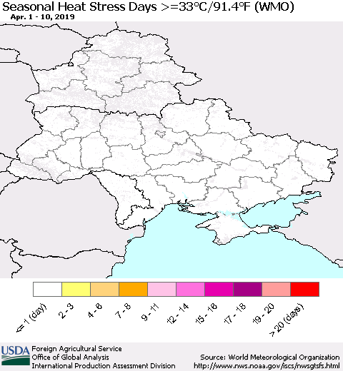 Ukraine, Moldova and Belarus Seasonal Heat Stress Days >=35°C/95°F (WMO) Thematic Map For 4/1/2019 - 4/10/2019
