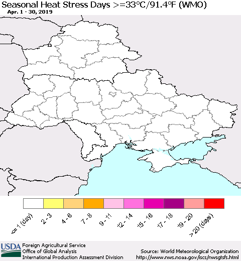 Ukraine, Moldova and Belarus Seasonal Heat Stress Days >=35°C/95°F (WMO) Thematic Map For 4/1/2019 - 4/30/2019