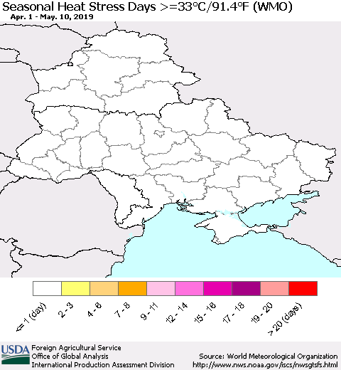 Ukraine, Moldova and Belarus Seasonal Heat Stress Days >=35°C/95°F (WMO) Thematic Map For 4/1/2019 - 5/10/2019