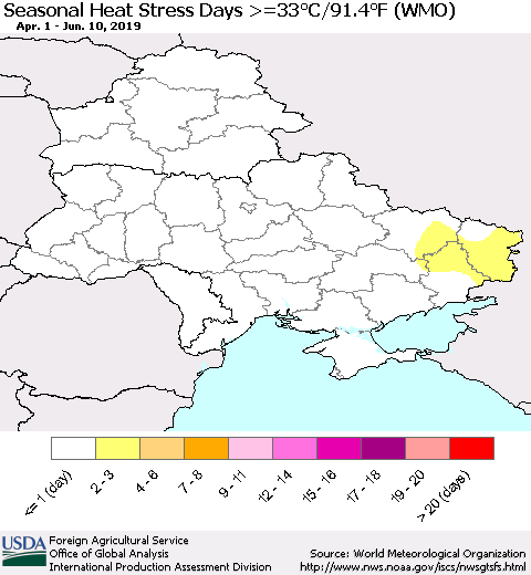 Ukraine, Moldova and Belarus Seasonal Heat Stress Days >=35°C/95°F (WMO) Thematic Map For 4/1/2019 - 6/10/2019