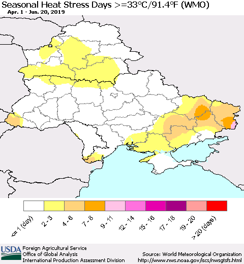 Ukraine, Moldova and Belarus Seasonal Heat Stress Days >=35°C/95°F (WMO) Thematic Map For 4/1/2019 - 6/20/2019