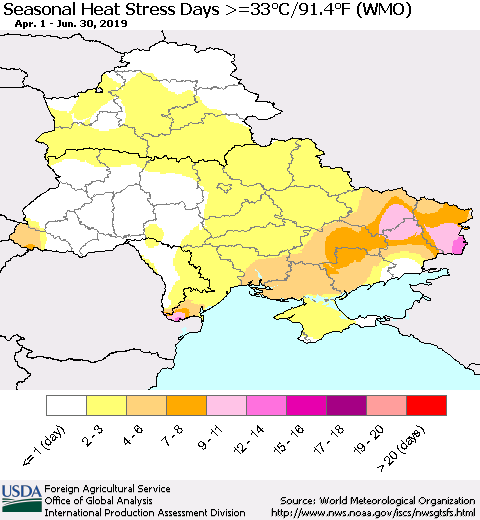 Ukraine, Moldova and Belarus Seasonal Heat Stress Days >=35°C/95°F (WMO) Thematic Map For 4/1/2019 - 6/30/2019