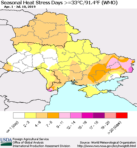 Ukraine, Moldova and Belarus Seasonal Heat Stress Days >=35°C/95°F (WMO) Thematic Map For 4/1/2019 - 7/10/2019