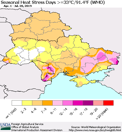 Ukraine, Moldova and Belarus Seasonal Heat Stress Days >=35°C/95°F (WMO) Thematic Map For 4/1/2019 - 7/20/2019