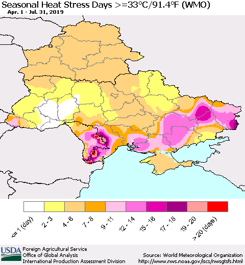 Ukraine, Moldova and Belarus Seasonal Heat Stress Days >=35°C/95°F (WMO) Thematic Map For 4/1/2019 - 7/31/2019