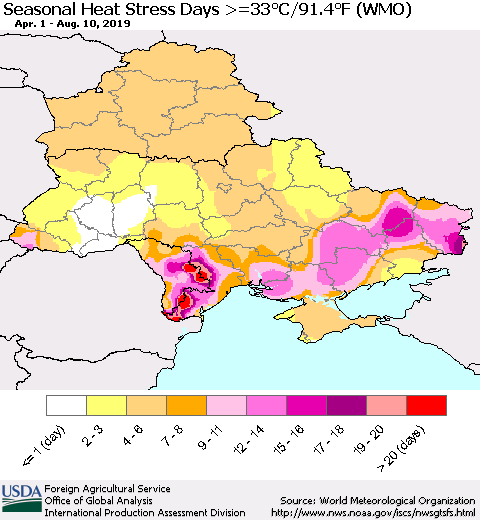Ukraine, Moldova and Belarus Seasonal Heat Stress Days >=35°C/95°F (WMO) Thematic Map For 4/1/2019 - 8/10/2019