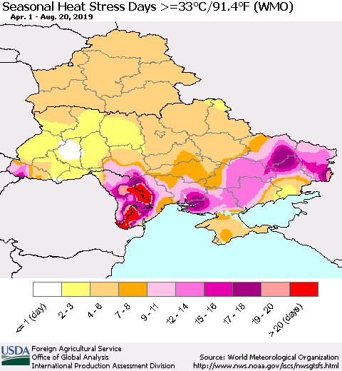 Ukraine, Moldova and Belarus Seasonal Heat Stress Days >=35°C/95°F (WMO) Thematic Map For 4/1/2019 - 8/20/2019