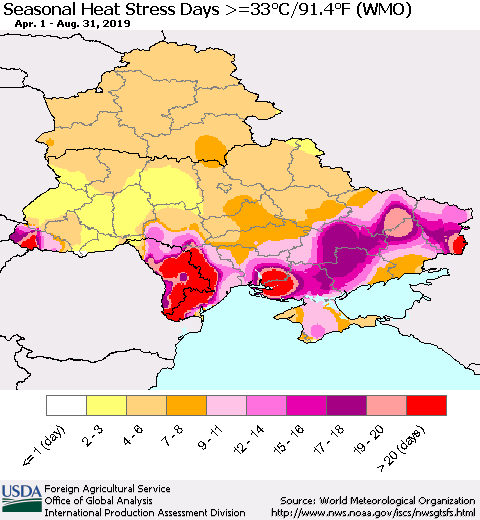 Ukraine, Moldova and Belarus Seasonal Heat Stress Days >=35°C/95°F (WMO) Thematic Map For 4/1/2019 - 8/31/2019