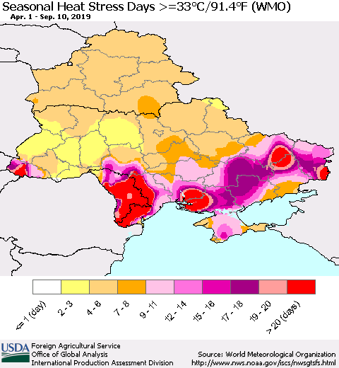 Ukraine, Moldova and Belarus Seasonal Heat Stress Days >=35°C/95°F (WMO) Thematic Map For 4/1/2019 - 9/10/2019