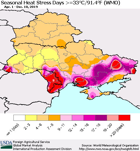 Ukraine, Moldova and Belarus Seasonal Heat Stress Days >=35°C/95°F (WMO) Thematic Map For 4/1/2019 - 12/10/2019
