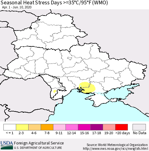 Ukraine, Moldova and Belarus Seasonal Heat Stress Days >=35°C/95°F (WMO) Thematic Map For 4/1/2020 - 6/10/2020