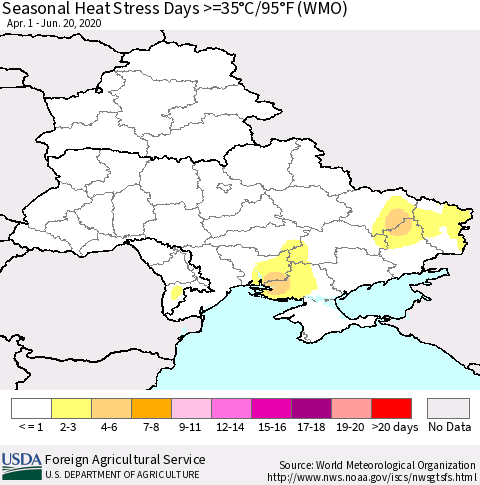 Ukraine, Moldova and Belarus Seasonal Heat Stress Days >=35°C/95°F (WMO) Thematic Map For 4/1/2020 - 6/20/2020