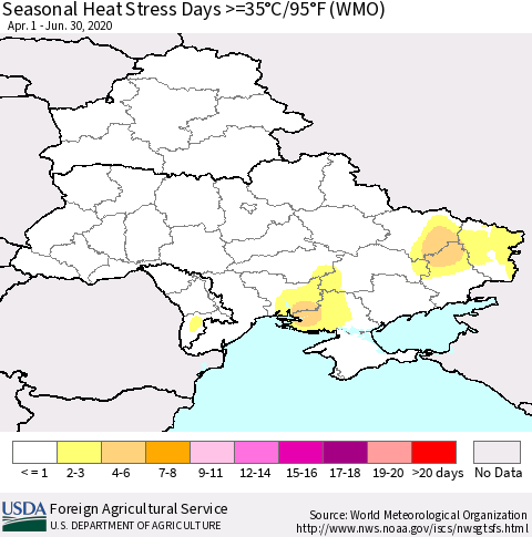 Ukraine, Moldova and Belarus Seasonal Heat Stress Days >=35°C/95°F (WMO) Thematic Map For 4/1/2020 - 6/30/2020