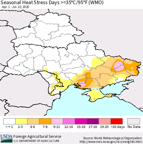 Ukraine, Moldova and Belarus Seasonal Heat Stress Days >=35°C/95°F (WMO) Thematic Map For 4/1/2020 - 7/10/2020
