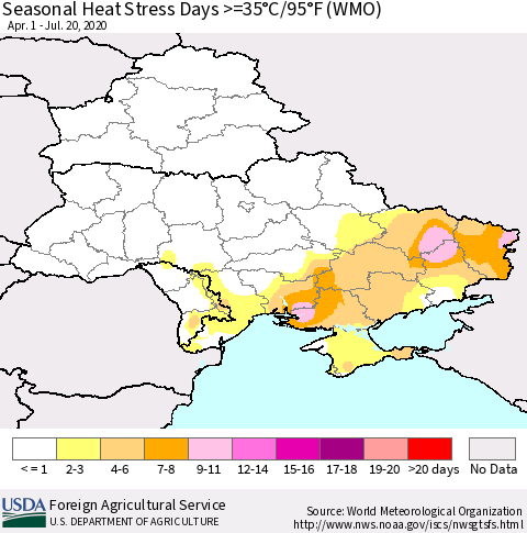 Ukraine, Moldova and Belarus Seasonal Heat Stress Days >=35°C/95°F (WMO) Thematic Map For 4/1/2020 - 7/20/2020