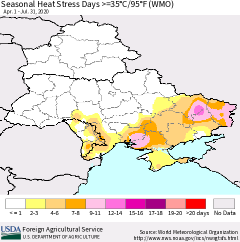 Ukraine, Moldova and Belarus Seasonal Heat Stress Days >=35°C/95°F (WMO) Thematic Map For 4/1/2020 - 7/31/2020