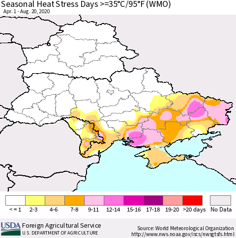 Ukraine, Moldova and Belarus Seasonal Heat Stress Days >=35°C/95°F (WMO) Thematic Map For 4/1/2020 - 8/20/2020