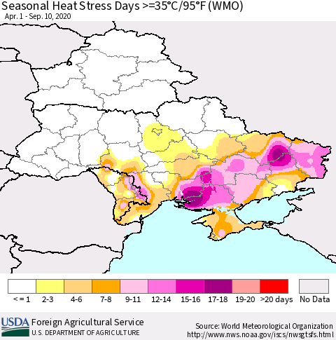 Ukraine, Moldova and Belarus Seasonal Heat Stress Days >=35°C/95°F (WMO) Thematic Map For 4/1/2020 - 9/10/2020