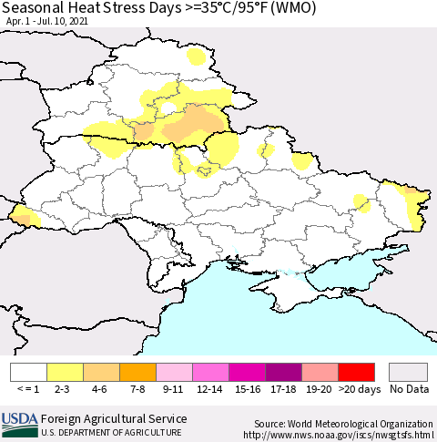 Ukraine, Moldova and Belarus Seasonal Heat Stress Days >=35°C/95°F (WMO) Thematic Map For 4/1/2021 - 7/10/2021