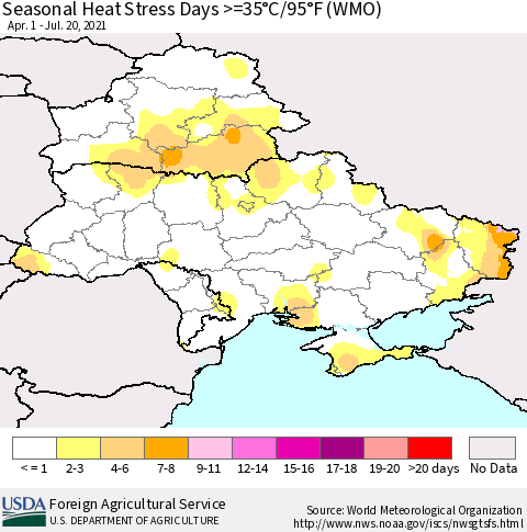 Ukraine, Moldova and Belarus Seasonal Heat Stress Days >=35°C/95°F (WMO) Thematic Map For 4/1/2021 - 7/20/2021