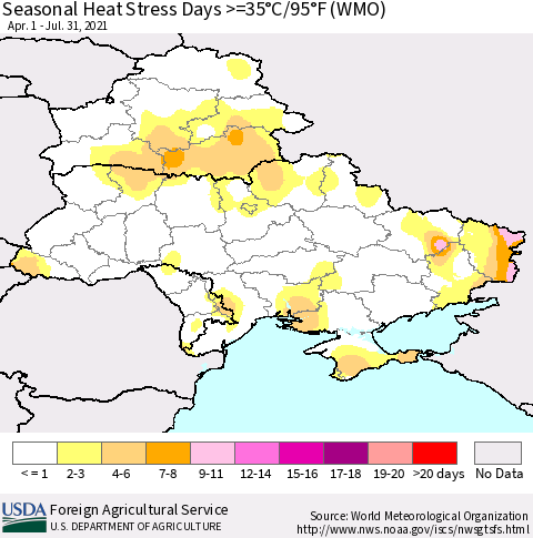 Ukraine, Moldova and Belarus Seasonal Heat Stress Days >=35°C/95°F (WMO) Thematic Map For 4/1/2021 - 7/31/2021