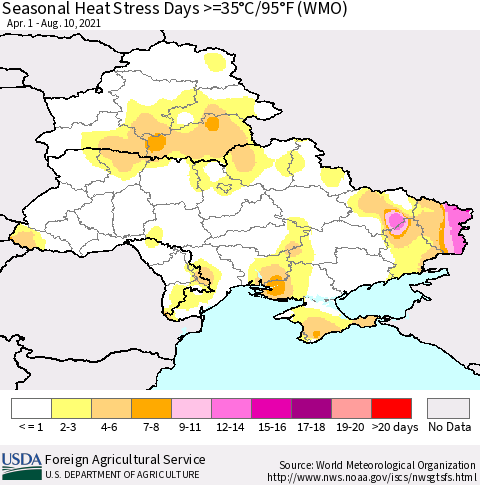 Ukraine, Moldova and Belarus Seasonal Heat Stress Days >=35°C/95°F (WMO) Thematic Map For 4/1/2021 - 8/10/2021