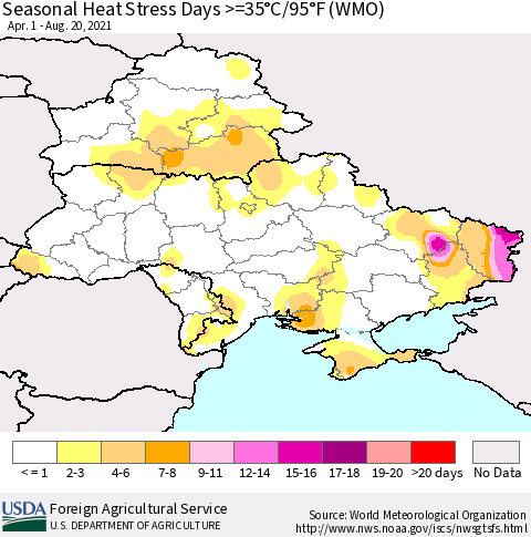Ukraine, Moldova and Belarus Seasonal Heat Stress Days >=35°C/95°F (WMO) Thematic Map For 4/1/2021 - 8/20/2021