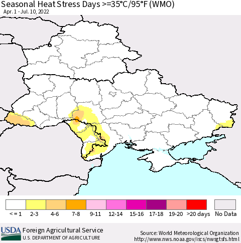 Ukraine, Moldova and Belarus Seasonal Heat Stress Days >=35°C/95°F (WMO) Thematic Map For 4/1/2022 - 7/10/2022