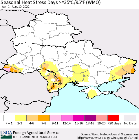 Ukraine, Moldova and Belarus Seasonal Heat Stress Days >=35°C/95°F (WMO) Thematic Map For 4/1/2022 - 8/10/2022