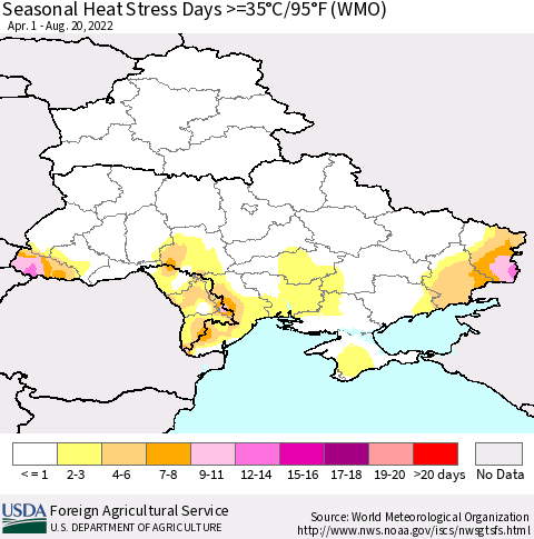 Ukraine, Moldova and Belarus Seasonal Heat Stress Days >=35°C/95°F (WMO) Thematic Map For 4/1/2022 - 8/20/2022