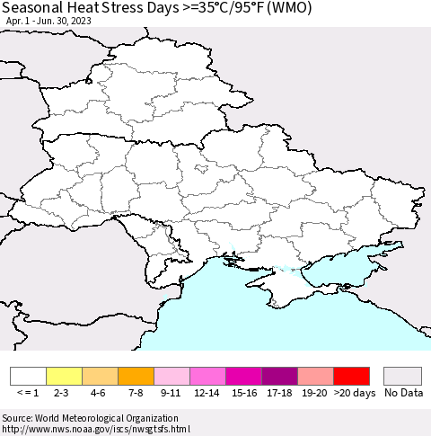 Ukraine, Moldova and Belarus Seasonal Heat Stress Days >=35°C/95°F (WMO) Thematic Map For 4/1/2023 - 6/30/2023