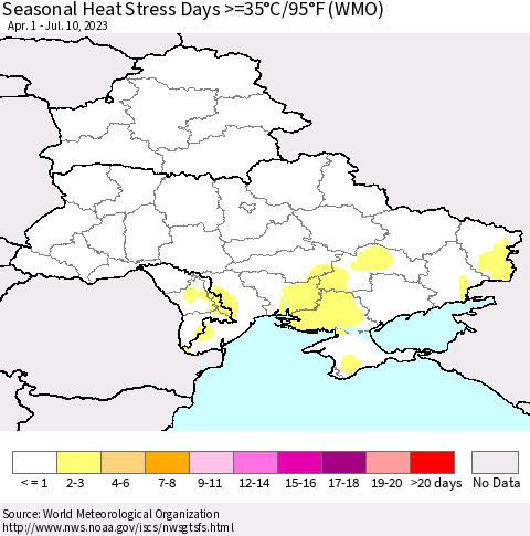 Ukraine, Moldova and Belarus Seasonal Heat Stress Days >=35°C/95°F (WMO) Thematic Map For 4/1/2023 - 7/10/2023
