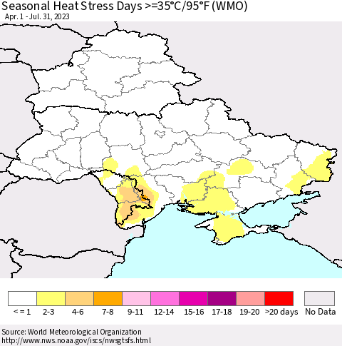 Ukraine, Moldova and Belarus Seasonal Heat Stress Days >=35°C/95°F (WMO) Thematic Map For 4/1/2023 - 7/31/2023