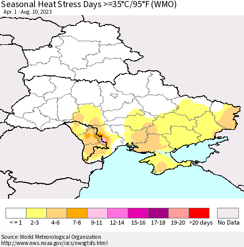Ukraine, Moldova and Belarus Seasonal Heat Stress Days >=35°C/95°F (WMO) Thematic Map For 4/1/2023 - 8/10/2023