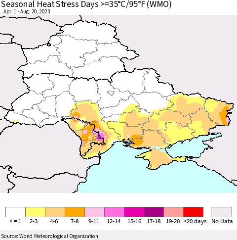 Ukraine, Moldova and Belarus Seasonal Heat Stress Days >=35°C/95°F (WMO) Thematic Map For 4/1/2023 - 8/20/2023