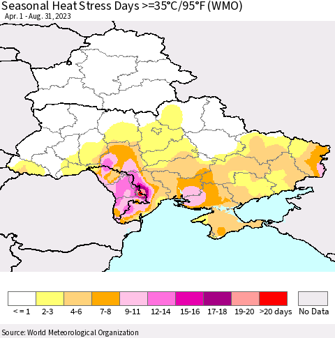 Ukraine, Moldova and Belarus Seasonal Heat Stress Days >=35°C/95°F (WMO) Thematic Map For 4/1/2023 - 8/31/2023