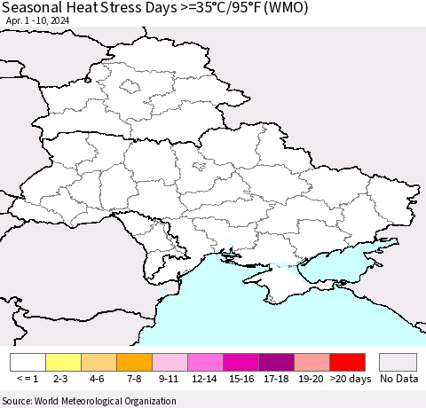 Ukraine, Moldova and Belarus Seasonal Heat Stress Days >=35°C/95°F (WMO) Thematic Map For 4/1/2024 - 4/10/2024