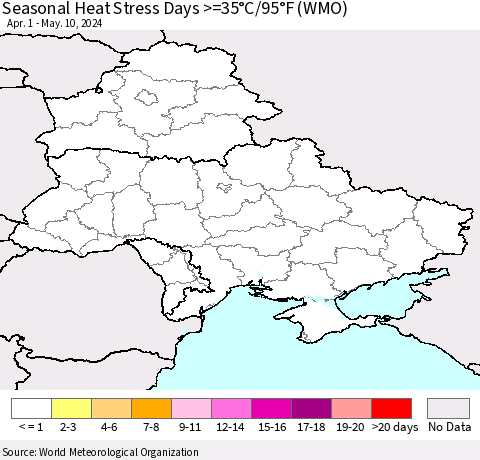 Ukraine, Moldova and Belarus Seasonal Heat Stress Days >=35°C/95°F (WMO) Thematic Map For 4/1/2024 - 5/10/2024