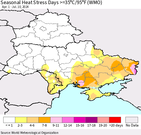 Ukraine, Moldova and Belarus Seasonal Heat Stress Days >=35°C/95°F (WMO) Thematic Map For 4/1/2024 - 7/10/2024