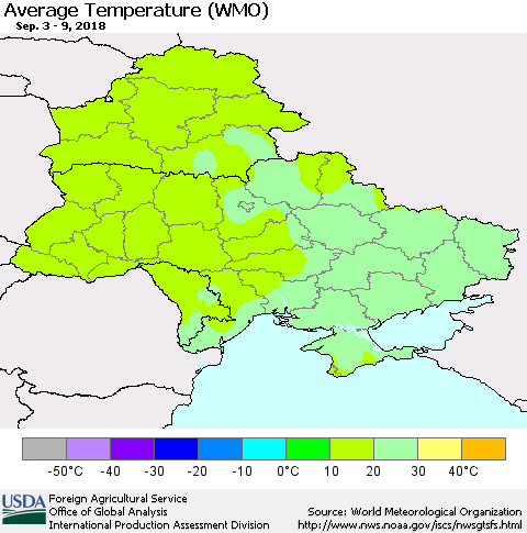 Ukraine, Moldova and Belarus Average Temperature (WMO) Thematic Map For 9/3/2018 - 9/9/2018