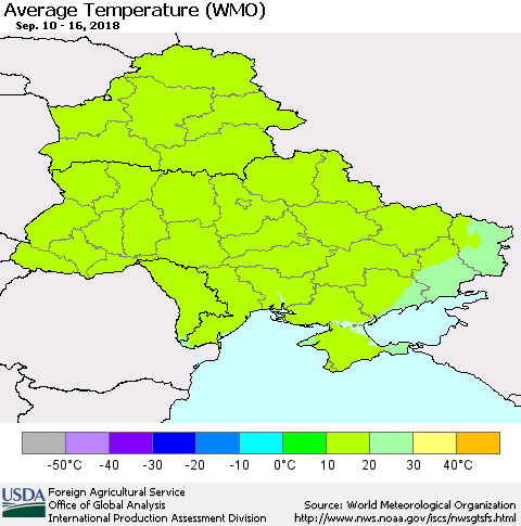 Ukraine, Moldova and Belarus Average Temperature (WMO) Thematic Map For 9/10/2018 - 9/16/2018