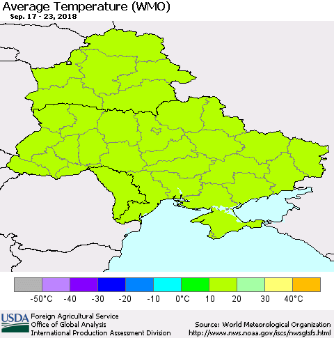 Ukraine, Moldova and Belarus Average Temperature (WMO) Thematic Map For 9/17/2018 - 9/23/2018